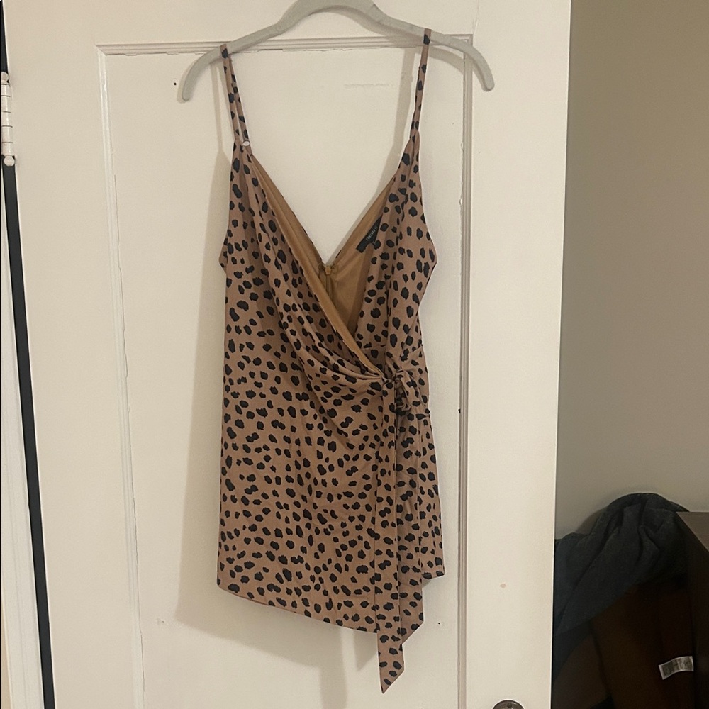 Spotted Wrap Romper in Camel and Black
